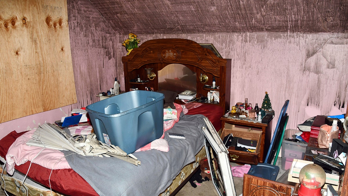 A dirty bedroom is seen in Kimberly Sullivan's Connecticut house