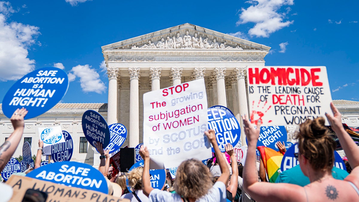 Pro-life and pro-choice protesters demonstrate outside the Supreme Court building