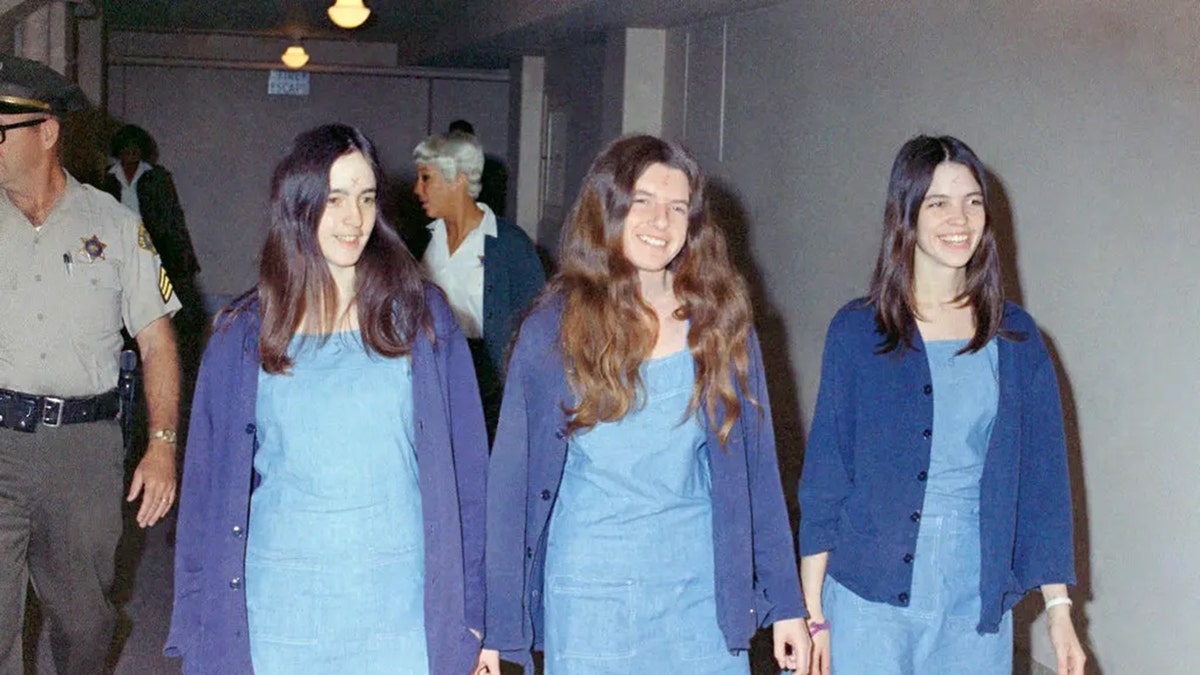 Charles Manson followers, from left: Susan Atkins, Patricia Krenwinkel and Leslie Van Houten, walk to court to appear for their roles in the 1969 cult killings of seven people.