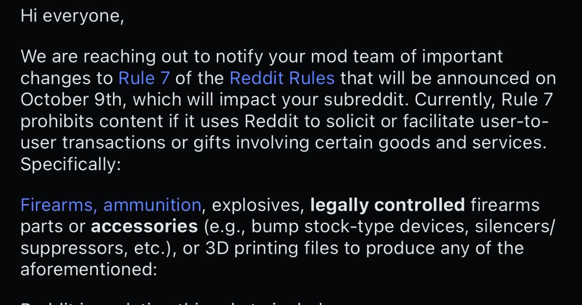 Reddit Changes Content Policy to Ban User-to-User Sales of Gun Parts, Optics, and Enhancements, Effective October 9