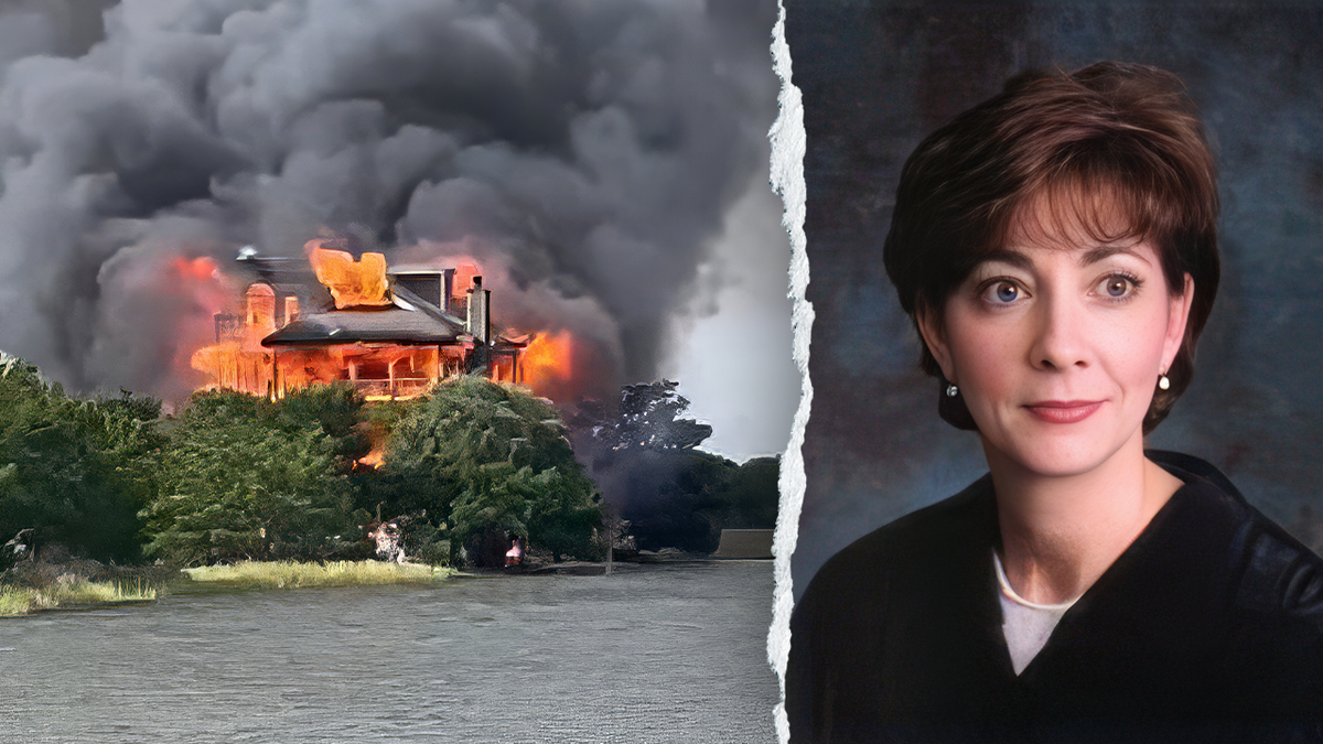 A combination image showing Flames and dark smoke billowing out of a waterfront mansion as a background behind a portrait of Judge Goodstein in her robe