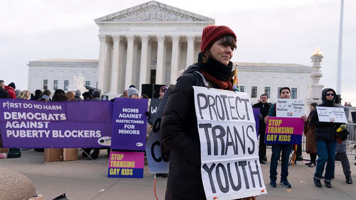 Pro-trans protesters in front of Supreme Court