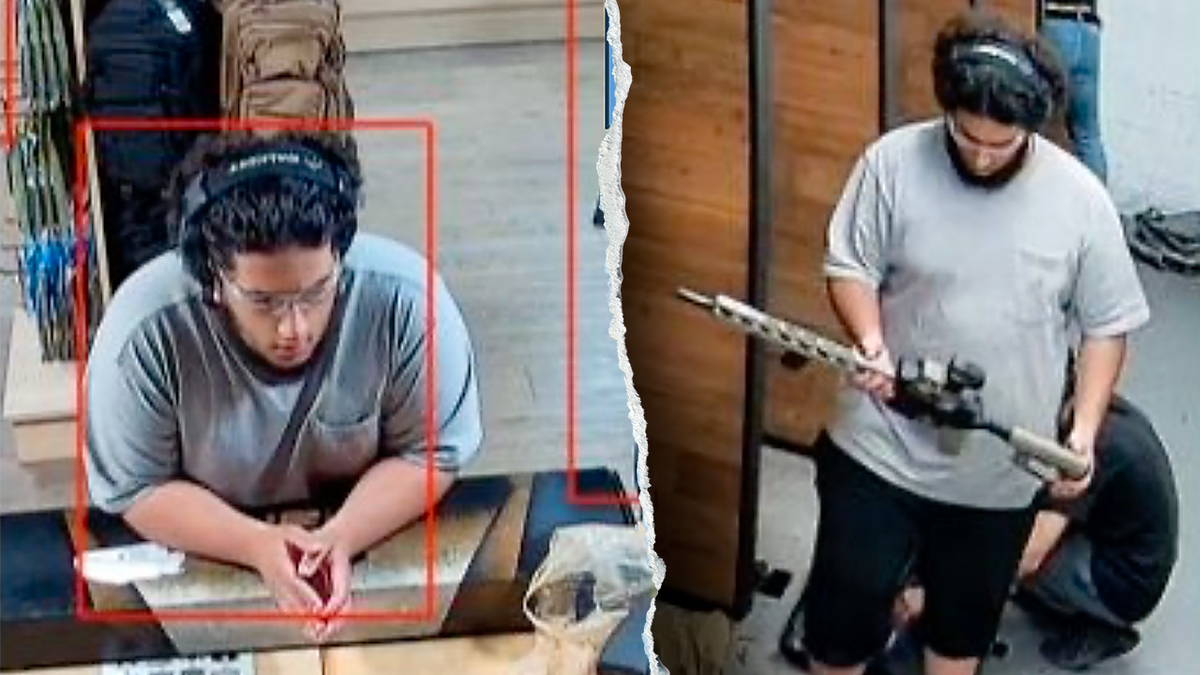 Split image shows foiled Halloween terror plot suspect Mohmed Ali wearing a gray T-shirt with long, curly hair handling firearms at a gun range.
