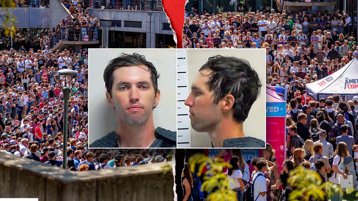 People gather to watch Charlie Kirk side by side with Tyler Robinson mug shot.