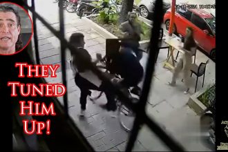 Sidewalk Cafe Butt Kicking of Thief Caught On Camera!