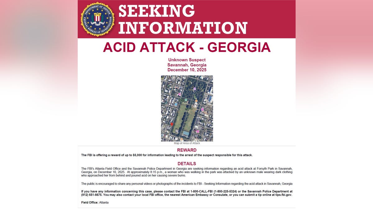 A FBI poster requesting information for the acid attack in Savannah, Georgia