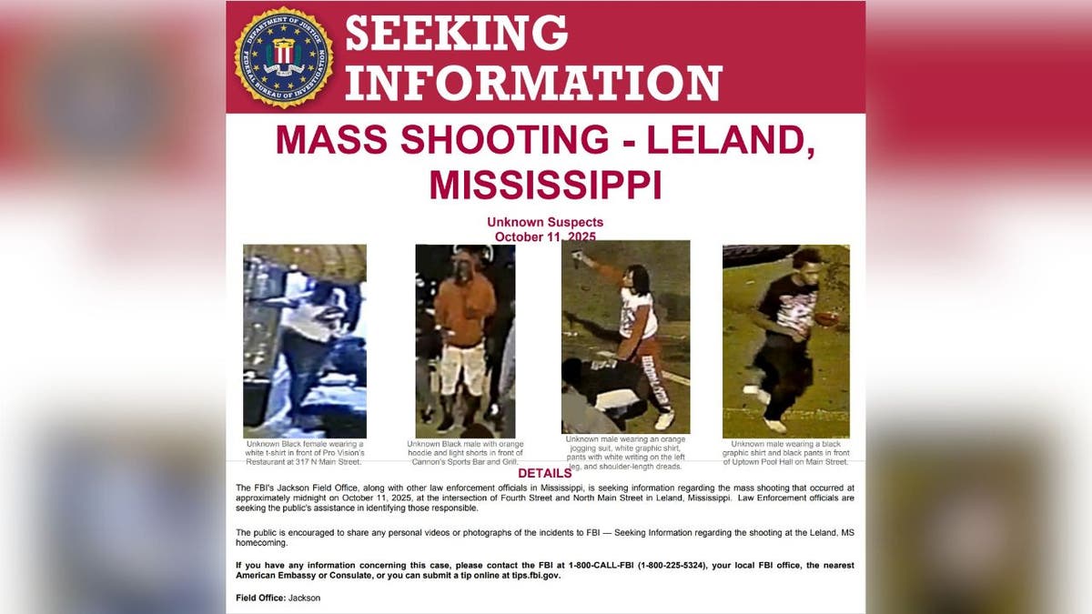 FBI poster showing four suspects sought in Leland, Mississippi, mass shooting.