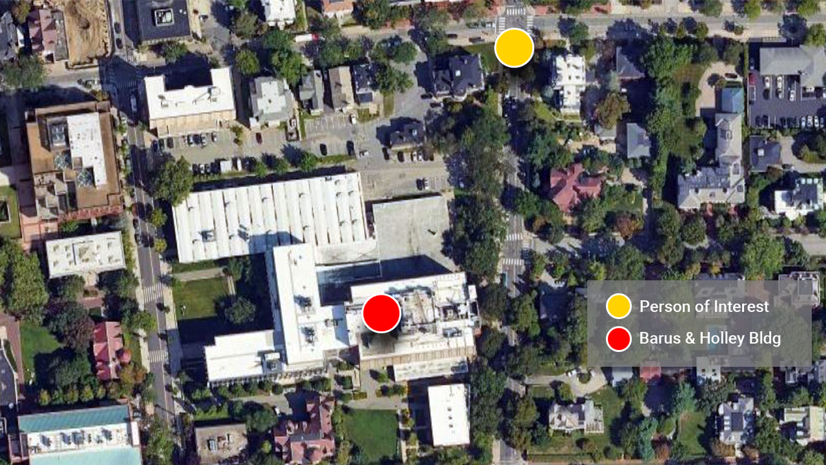 A map showing the area surrounding Brown University's Barus and Holley building, with circles marking the building itself and the intersection where a person of interest was spotted on surveillance video.