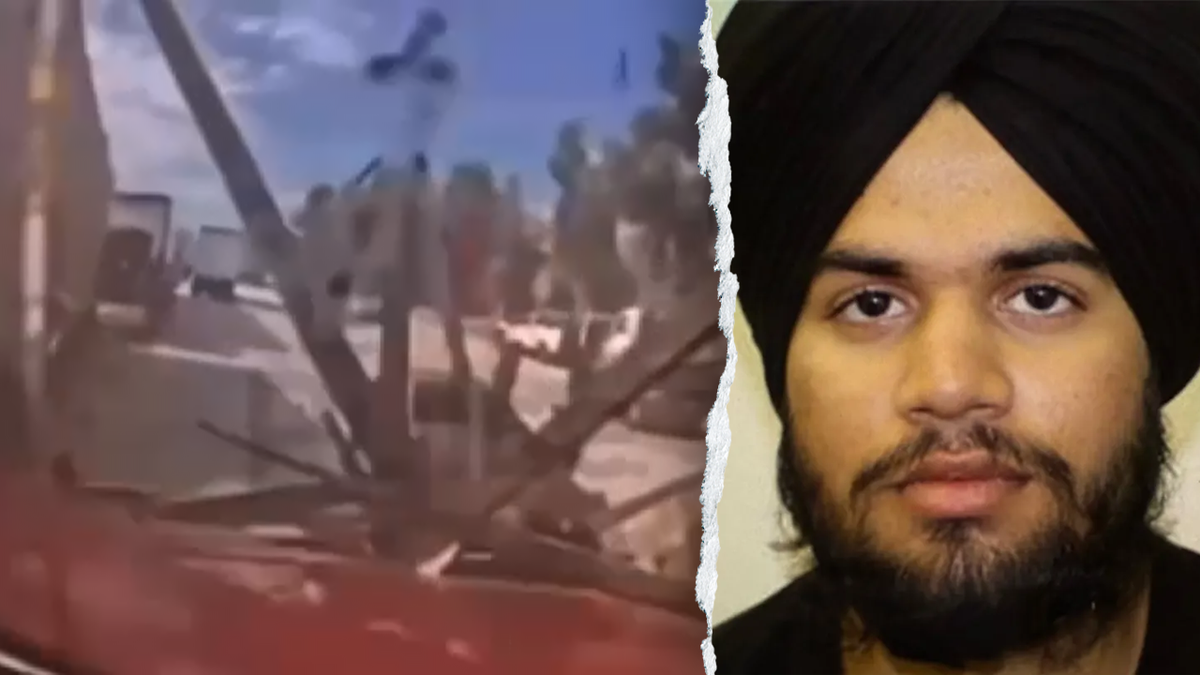 A split image showing a fiery truck crash and the suspected driver, Jashanpreet Singh
