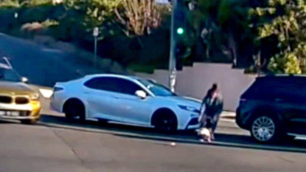 mother picks up child from road