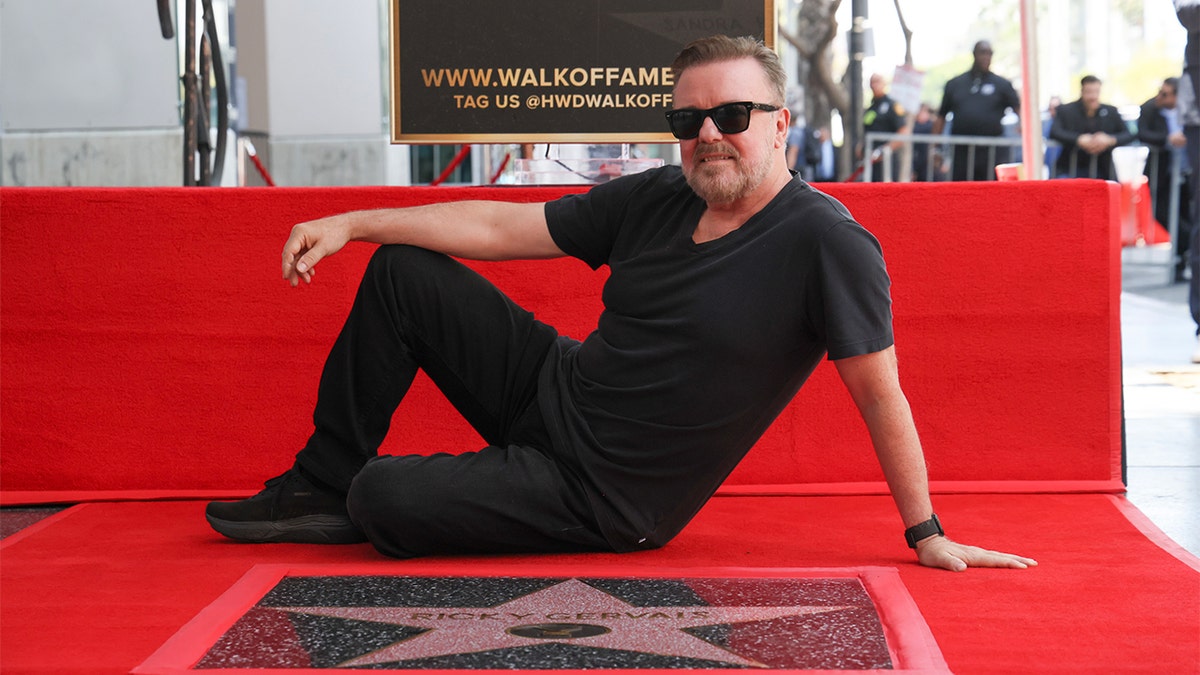 Ricky Gervais poses at the ceremony honoring Ricky Gervais with a star on the Hollywood Walk of Fame on May 30, 2025, in Hollywood, California.