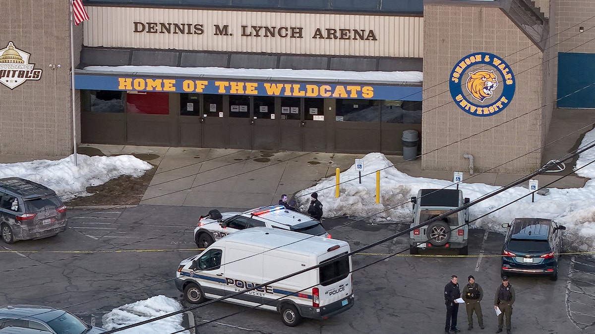 Police and emergency vehicles parked outside the Dennis M Lynch Arena in Pawtucket, Rhode Island.