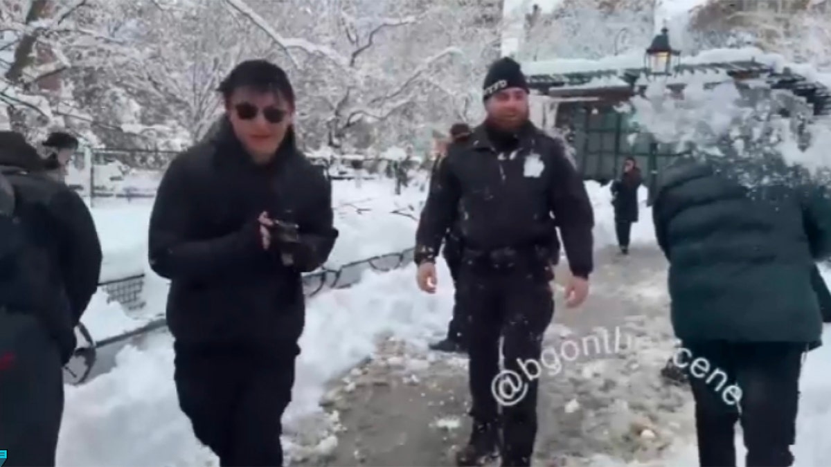 An NYPD officer is pelted with snow