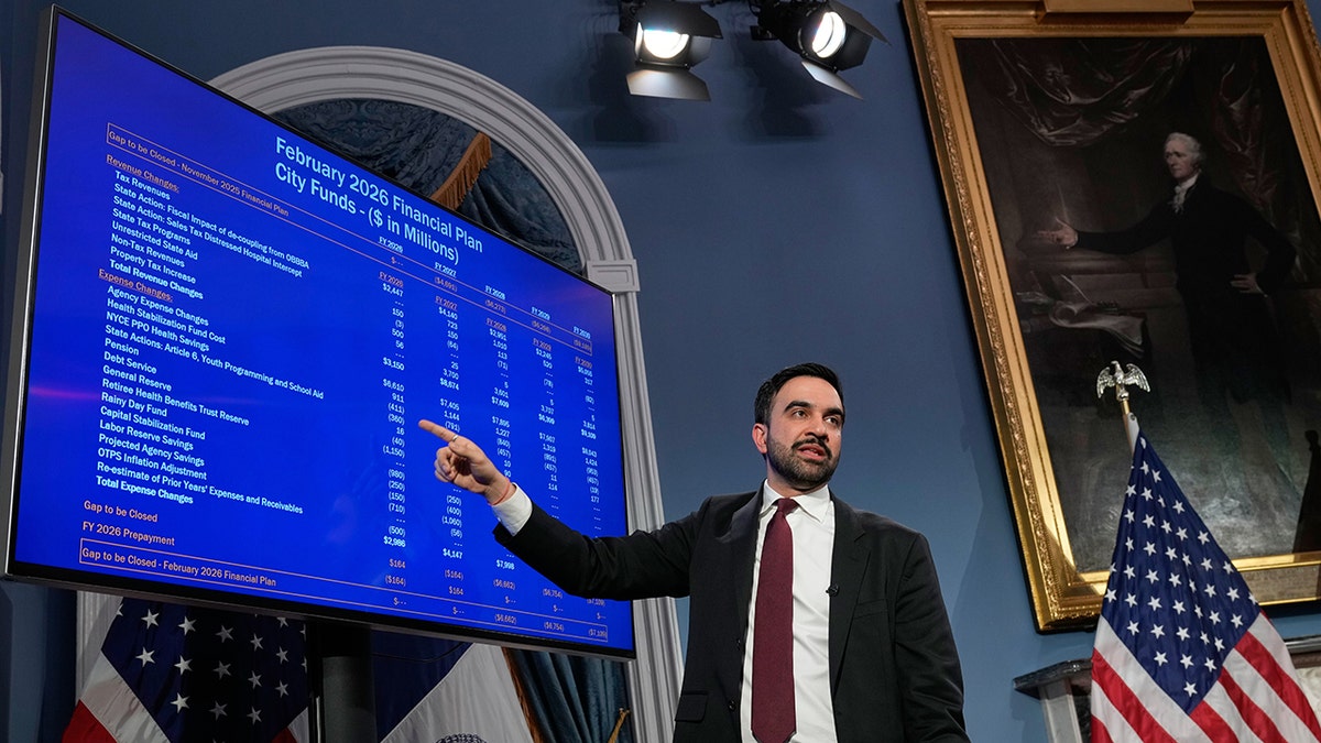 Zohran Mamdani speaking on New York City funding in front of a painting of Alexander Hamilton.